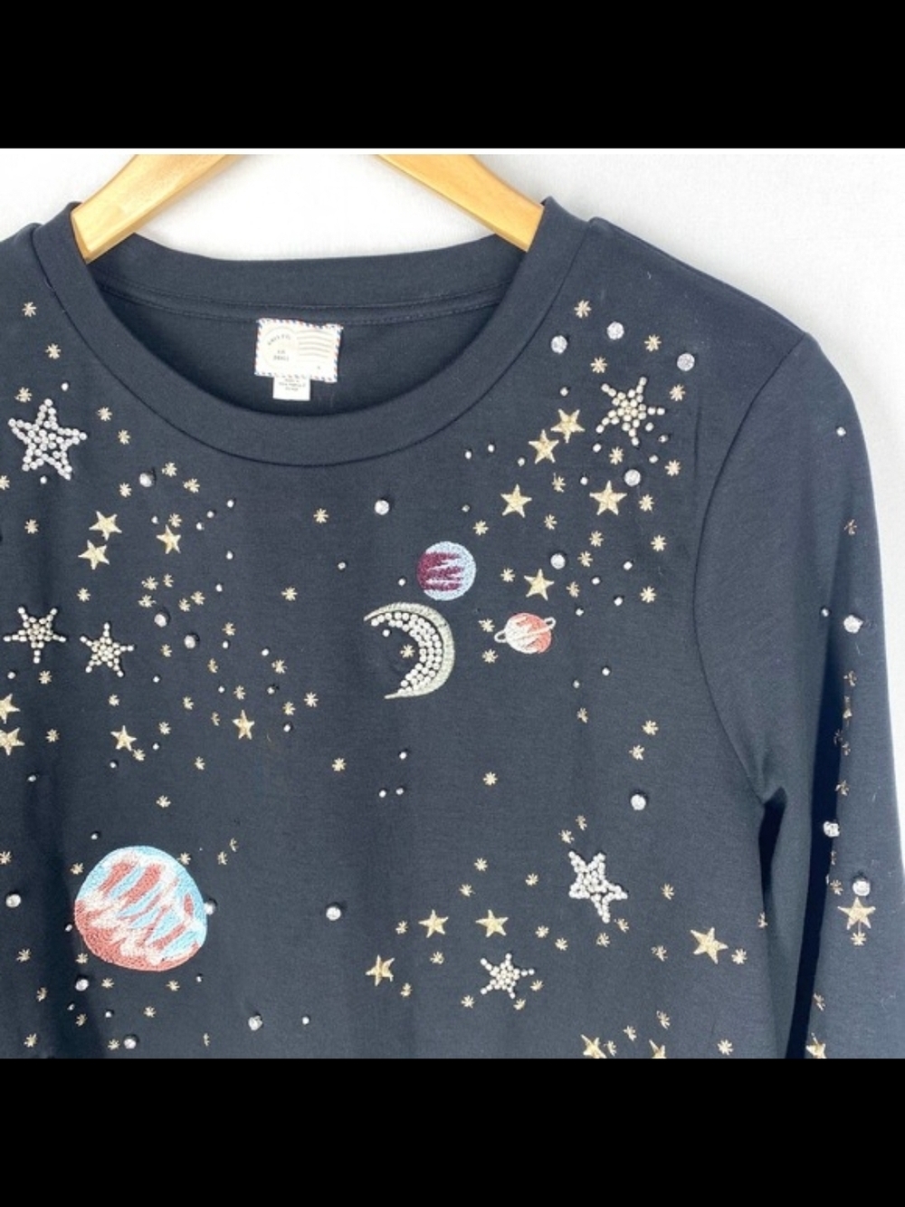 NEW Anthropologie Cosmic Galaxy Black Beaded Moon Space Star Sweatshirt Top - Picture 6 of 9